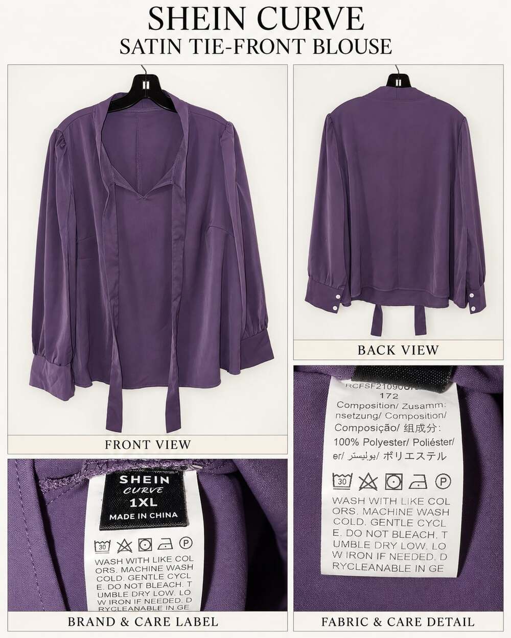 SHEIN Curve Satin Tie-Front Blouse Purple 1XL